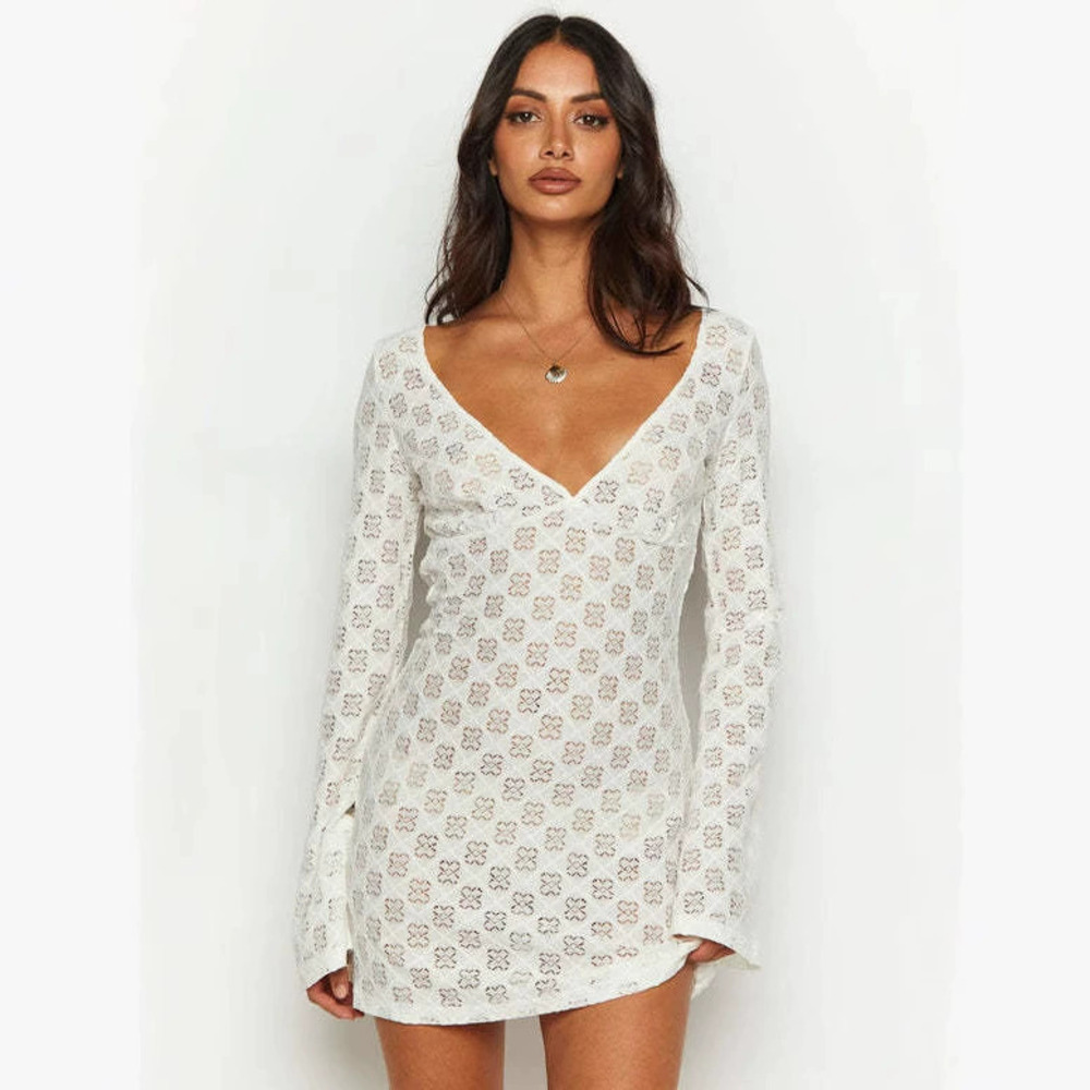 Zara Lace Up Collar Long Sleeve Backless Dress